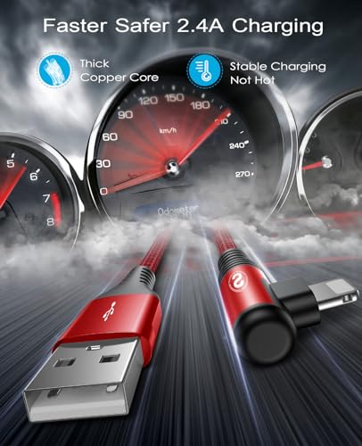 10 FT Right Angle i Phone Charger Cable 2-Pack – MFi Certified Lightning Fast Charging for i Phone 14/13/12/11 Pro Max & More – Durable Nylon Braided Design for Optimal Performance and Tangle-Free Convenience – Perfect for Gaming and Streaming