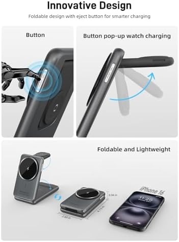 3-in-1 Foldable Mag Safe Wireless Charger for Apple Devices – Ultimate Travel Charging Station for i Phone 16/15/14/13, Air Pods Pro 2, and Apple Watch Series 10/9/8/7 – Enhanced Speed, Magnetic Alignment, and Stylish Design for Seamless Power Solutions