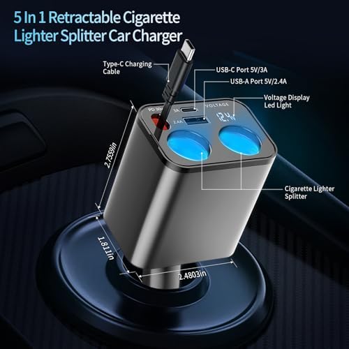 Paiholy Advanced 5-in-1 Retractable Car Charger with Dual USB Ports and Dual Cigarette Lighter Outlets – 159 W Fast Charging Solution for i Phone and All Car Electronics – Clutter-Free Design for Ultimate Travel Convenience