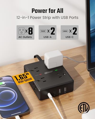 15 Ft Surge Protector Power Strip with 8 Outlets & 4 USB Ports – Wall Mountable Flat Plug Charging Station for Home, Office, and Dorm Room – High-Speed USB-C Compatible Extension Cord for Ultimate Device Connectivity and Safety