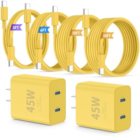 Ultimate Fast Charging Solution for i Phone 16/15 Pro Max – 45 W Dual Port USB-C Charger Block (2-Pack) with Extra Long 60 W Cables – PD Quick Adapter 3.0 for Enhanced Device Compatibility and Speed – Perfect for Home or On-the-Go Charging