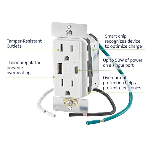 Leviton 60 W Dual USB Type A/Type-C In-Wall Charger – Fast, Efficient Power Delivery Solution for Smartphones, Tablets & Laptops – Tamper-Resistant Outlet in Light Almond for Safe, Clutter-Free Charging Experience – Perfect for Home and Office Use
