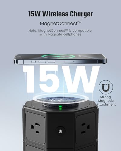 Revolutionize Your Charging Setup with SUPERDANNY Power Strip Tower – 15 W Wireless Charger, 6.5 Ft Retractable Cord, 1050 J Surge Protection, 8 Outlets & 4 USB Ports (2 USB-C) for Ultimate Home and Office Versatility