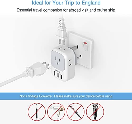 TESSAN Type G Travel Adapter: Versatile US to UK Plug Converter with 4 Outlets & 3 USB Ports for Effortless International Charging Across England, Scotland, Dubai, and More