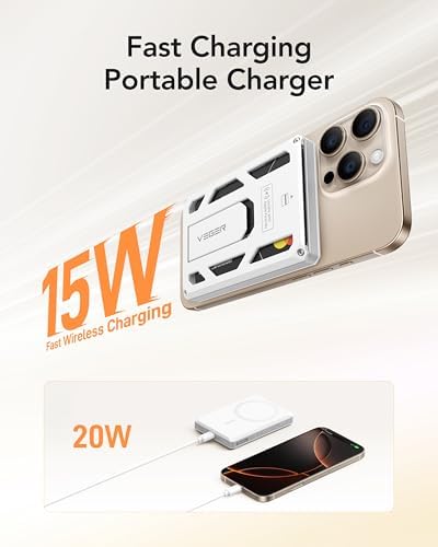VEGER 5000 m Ah Magnetic Wireless Power Bank – 6-in-1 Multi-Functional Portable Charger with Fast Charging for i Phone 16/15/14/13/12 Series – Sleek Design, Built-in Card Slots, GPS Tracking & Multi-Angle Stand – Ideal for Travel, Work & Daily Use – Durable & Airline Safe Power Solution