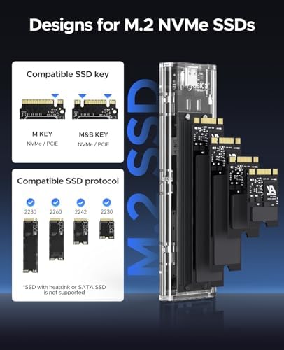 ORICO Transparent M.2 NVMe SSD Enclosure – Ultra-Fast USB 3.2 Gen 2 Adapter for PCI-E M-Key SSDs (2280/2260/2242/2230) – Lightweight and Durable External Solid State Drive Case with Tool-Free Setup and USB Type-C Support for Seamless Data Transfer