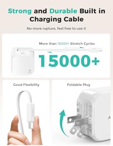 Compact Retractable 2-in-1 Wall Charger with USB-C and 27-inch Cable – 30 W Fast Charging Adapter for i Phone 16/15, i Pad, Galaxy & Pixel – Sleek Black, Perfect for Travel and Enhanced Device Compatibility