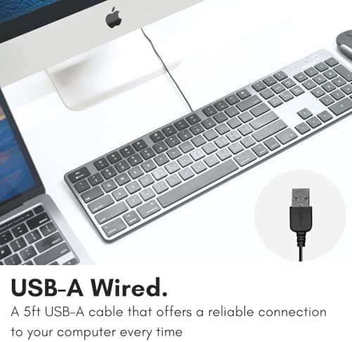 Enhance Your Workspace with the Macally Ultra-Slim USB Wired Keyboard – Full-Size Design & Number Keypad for Mac & Windows Devices, Elegant Silver Finish for Style and Durability