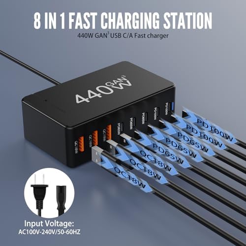 Power Up Your Devices with the 440 W USB C Charging Station – Multi-Port Hub for Rapid Charging of Laptops, Smartphones, and More – Ideal for Mac Book, Samsung, Google, and i Phone – Enhanced Compatibility with 8 Ports and 100 W Fast Charging Capability – Ultimate Home and Office Solution for Efficient Power Delivery