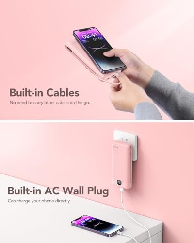 VRURC 20000 m Ah Pink Portable Charger – Fast Charging Power Bank with Built-in Wall Plug & Cables, LED Display, 4 Outputs & Dual Inputs for Effortless Travel Charging Solutions, Ideal for Busy Lifestyles and Enhanced Device Compatibility