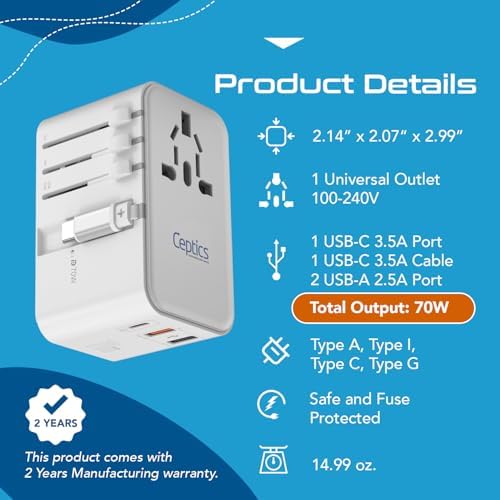 Universal Travel Power Adapter with 45 W PD Retractable USB-C Cable – Ultimate Multi-Device Charger for Global Use – Compatible with Laptops, Smartphones & Cameras – Essential Travel Accessory for US, EU & UK Adventures – Compact Design for Hassle-Free Charging