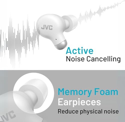 JVC True Wireless Earbuds with Active Noise Cancelling – Bluetooth 5.3 Technology for Seamless Connectivity – Comfortable Fit with S/M/L Memory Foam & Silicone Tips – IPX4 Water Resistant for All-Weather Use – 28 Hours Playback with Compact Charging Case – Versatile Compatibility for Music and Calls