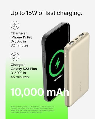 Belkin 10,000 m Ah Portable Charger – Fast Charging USB C Power Bank with Dual USB-A Ports for Multiple Devices, Includes Type-C to Type-A Cable, Compatible with i Phone 16, Samsung Galaxy S25, Nintendo Switch 2, i Pad & More – Lightweight Blue Design for Effortless Portability and Enhanced Power Delivery