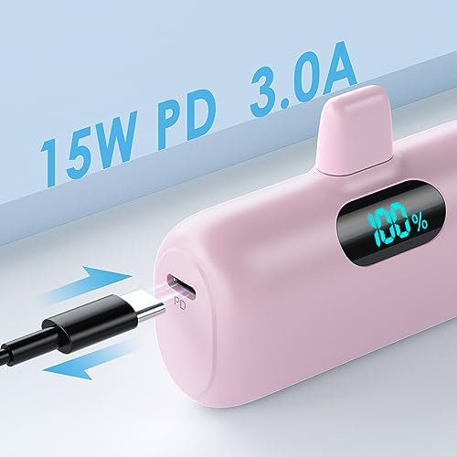 Compact Pink Portable Charger for i Phone – 5000 m Ah PD Fast Charging Power Bank, Lightweight Mini Battery Pack Compatible with i Phone 14/14 Pro Max/13/13 Pro/12 Pro/11/XS/XR/X/8/7/6 – Stylish and Versatile Backup Solution for On-the-Go Power