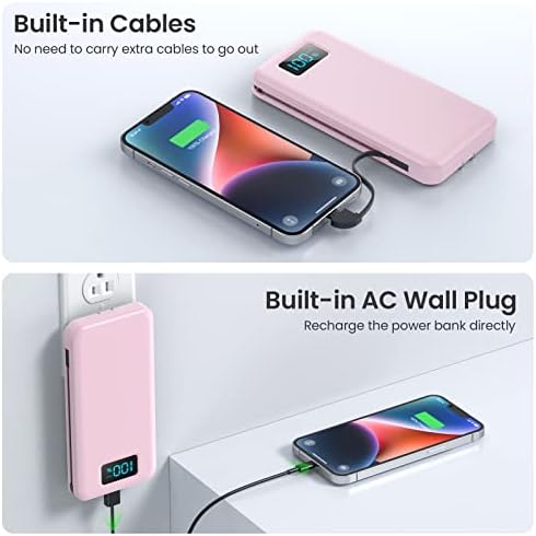 Ultra-Slim 13800 m Ah Portable Charger with Built-in Cables & AC Plug – Multi-Device USB-C Power Bank with 4 Outputs & LCD Display for i Phone, Samsung, and Android – Effortless Charging on the Go