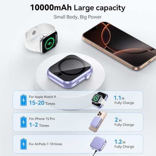 Compact 3-in-1 Mag Safe Power Bank – 10,000 m Ah Magnetic Charger with 22.5 W PD Fast Charging for i Phone 16/15/14/13/12, Apple Watch & Air Pods – Ultimate On-the-Go Charging Solution with Enhanced Safety Features and Dual Device Support