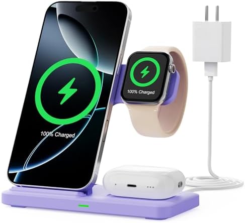 3-in-1 Wireless Charging Station for Apple Devices – 15 W Fast Charger Stand for i Phone 16/15/14/13/12/11, Apple Watch, and Air Pods – Convenient Portable Design with Enhanced Compatibility and Safety Features for Home and Travel – Perfect Gift for Tech Enthusiasts