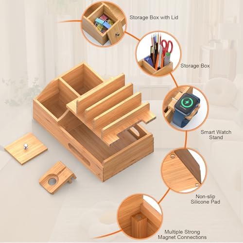Sleek Bamboo Multi-Device Charging Station with 5 USB Ports, Integrated Smart Watch Stand & 5 Charging Cables – Ultimate Desktop Organizer for Cell Phones, Tablets & Smartwatches – Eco-Friendly Design for Fast Charging & Clutter-Free Spaces