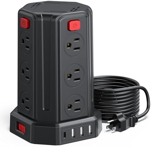 SMALLRT Power Tower Surge Protector – 10 Ft Extension Cord with 12 AC Outlets & 4 USB Ports (1 USB-C) – Ultimate Charging Station for Home & Office – Enhanced Device Compatibility & Safety