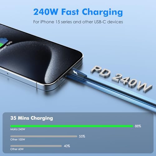 High-Speed Mo Ko 240 W USB C to USB C Charging Cable – 3.3 ft Nylon Braided, Fast Power Delivery for i Phone 15/16, Mac Book Pro 2020, Galaxy S24 – Durable, Tangle-Free, Elegant Tech Solution for Ultimate Device Connectivity