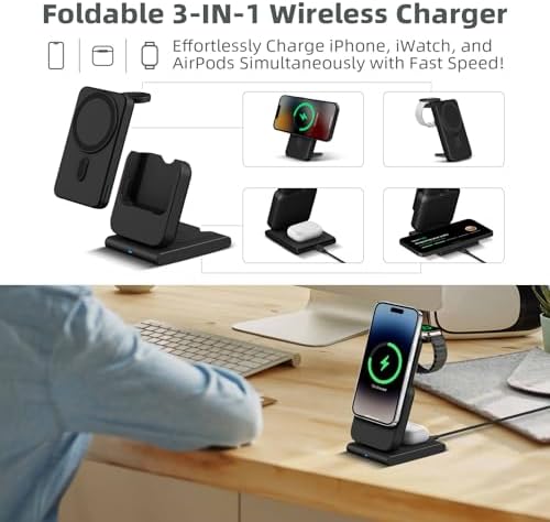 DDUAN 3-in-1 Wireless Charging Station for i Phone and Apple Watch – Foldable 5000 m Ah Magnetic Power Bank with Fast USB-C Charging for i Phone 16/15/14/13/12 Series – Sleek, Portable Design for Home and Travel