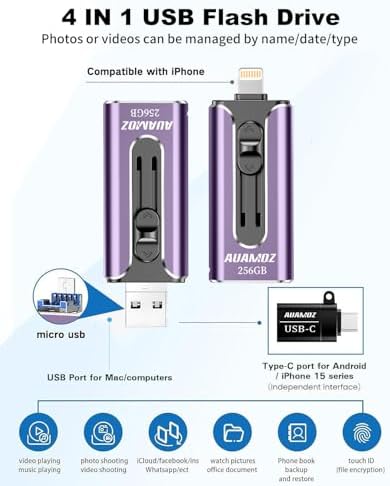 Light Purple 512 GB Flash Drive for i Phone, i Pad & Android – Effortless Photo & Video Backup, Plug & Play Storage Solution, High-Speed USB Memory Stick for Versatile Data Management, No App Required, Travel-Friendly Design