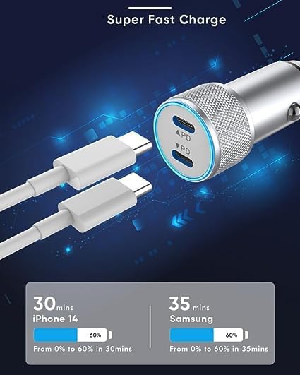 High-Performance i Phone Car Charger – Dual-Port 38 W USB-C & QC3.0 Fast Charging Adapter with 2 Lightning Cables, MFi Certified for i Phone 14, 13 Pro Max, 12, 11, X – Sleek Grey Design for Enhanced Compatibility and Efficiency on the Road