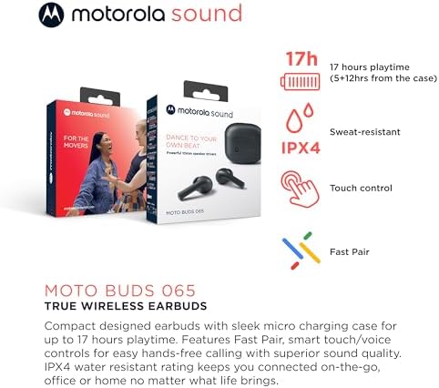 Motorola Moto Buds 065 True Wireless Earbuds – Extended 17-Hour Battery Life, IPX4 Splash Proof Design, Advanced Touch Control, and ENC Microphone for Superior Call Clarity – Noise Isolation Headphones in Stylish Moonless Night Finish for Ultimate Comfort and Connectivity