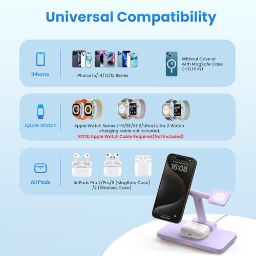 Joy Geek 3-in-1 Foldable Wireless Charging Station for Mag-Safe i Phone – Ultimate Travel Dock for i Phone 12-16 Pro Max, Apple Watch Series 4-10, and Air Pods Pro 2/3/4 – Fast, Compact, and Convenient Power Solution for On-the-Go Charging