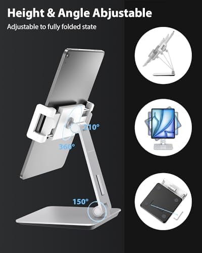 Maxonar Premium Heavy-Duty 360° Swivel Tablet Stand – Ergonomic Adjustable Aluminum Alloy Holder for Enhanced Stability & Charging – Foldable Design for 6-13″ Devices, Perfect for Home, Office, or Retail Use – Modern Sleek Grey Finish for Contemporary Spaces