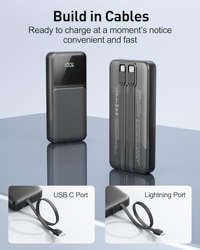 26800 m Ah High-Capacity Portable Fast Charger with Built-in Cables – 22.5 W Power Bank Featuring PD 3.0 & QC 4.0, LED Display for Real-Time Power Monitoring, Ultimate Travel Essential for i Phone, Samsung, Google Devices – Multi-Device Charging with Safety Protections and Universal Compatibility