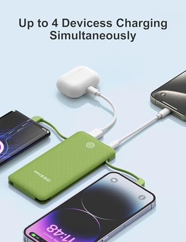 miisso 10000 m Ah Ultra-Slim Portable Power Bank with Integrated Charging Cables – Multi-Device USB-C Travel Charger for i Phone & Samsung – Compact, Lightweight Battery Pack Designed for Maximum Portability and Efficiency