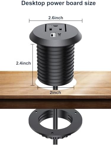 Recessed Desktop Power Grommet with PD 20 W Fast Charging USB-C and QC3.0 USB-A Ports – ETL Certified 2-Inch Outlet for Office, Home, Nightstand, and Kitchen with 6 ft Extension Cord (Black) – Streamlined Charging Solution to Minimize Clutter and Maximize Efficiency