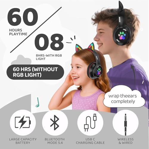 MIDOLA Cat Ear Bluetooth 5.3 Wireless Headphones for Kids – 60-Hour Playtime, Fun LED Illumination, Travel-Friendly Foldable Design with Integrated Microphone – Ideal for Music, Gaming, and Movies on the Move in Stylish Blue