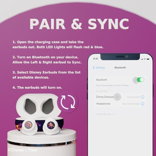 Disney/Pixar Inside Out 2 Joy-Inspired Bluetooth Earbuds – Premium Audio Quality with Integrated Mic for Easy Hands-Free Calling – 30-Hour Playtime with Stylish Charging Case – Perfect Gift for Inside Out Fans of All Ages – Lightweight, Durable Design for Kids and Adults