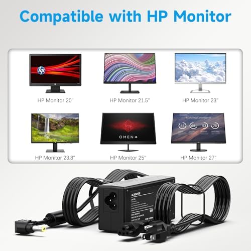 HP 65 W AC Adapter & Monitor Power Cord: Optimal Power Solution for 20″ to 27″ Displays – Enhance Performance with Durable, Lightweight Design for IPS LED Backlit Monitors – Essential Power Supply for Seamless Connectivity and Extended Monitor Lifespan