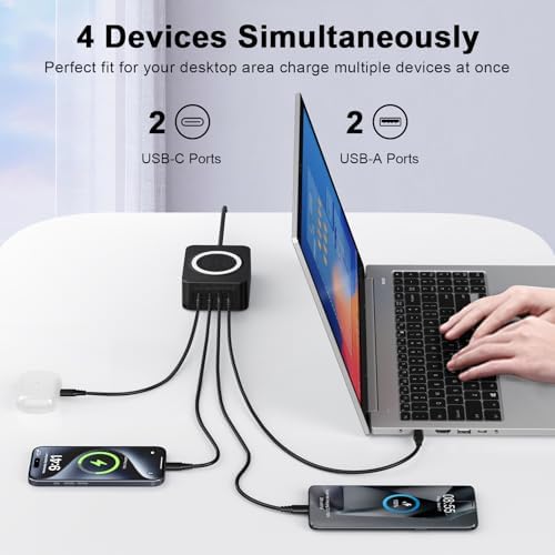 Effortless 60 W Fast Wireless Charger Pad for Samsung Galaxy S25 Ultra & i Phone 16 Series – Multi-Device Type C Hub with 4 Ports for Quick Charging and Enhanced Compatibility – Perfect for Shared Spaces and Tangle-Free Convenience