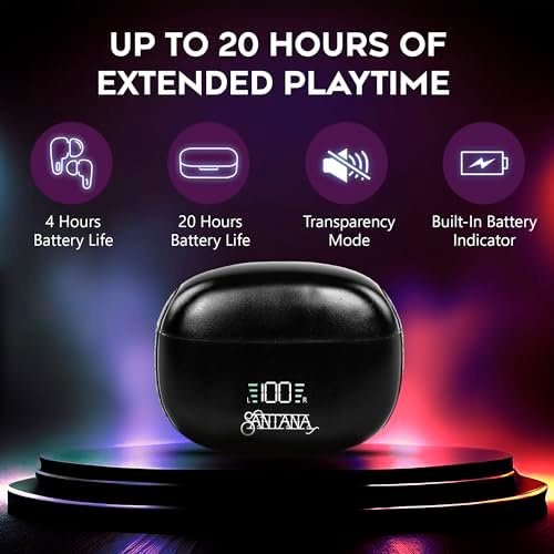 SANTANA BY CARLOS SANTANA Rio Wireless Bluetooth Earbuds – Immersive Sound Quality with 64-Hour Playback, 100-Hour Standby, IPX5 Waterproof Rating, Compact USB Charging Case, LED Battery Indicator & Voice Assistant Support – The Definitive Audio Solution for Active Lifestyles in Elegant Black