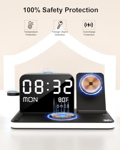 Dual 7-in-1 Wireless Charging Station for Apple Devices – Fast 33 W Dual i Phone Charger with Adjustable Touch Lighting, Bluetooth Time Sync, and Multifunctional Compatibility for i Phone 16/15/14/13/12, Apple Watch, and Air Pods – Enhanced Safety Features and User-Friendly Design