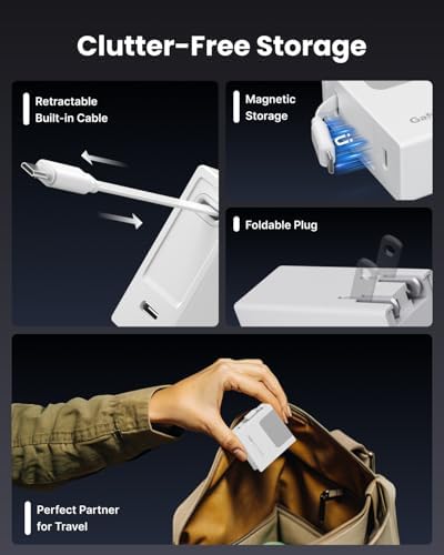 Revolutionary 40 W Fast Charging Portable USB Phone Charger Block with Retractable 31.5-inch Lightning Cable – Compact Wall Adapter with USB-C Port and Foldable Plug for i Phone 14/13/12, Perfect for Travel and Everyday Use