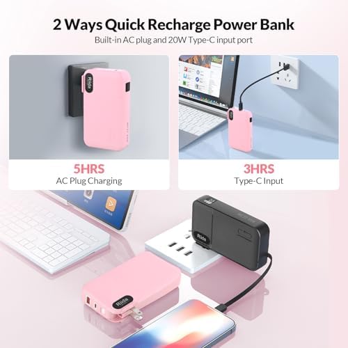 Ultimate 10,000 m Ah Portable Charger with Built-in Cables – 22.5 W Fast Charging Power Bank for i Phone 16/15/14/13, Samsung Galaxy S24/S23/S22, Google Pixel, and LG Devices – Travel-Friendly Battery Pack with AC Wall Plug for Effortless Recharging, Sleek Black Design for On-the-Go Convenience