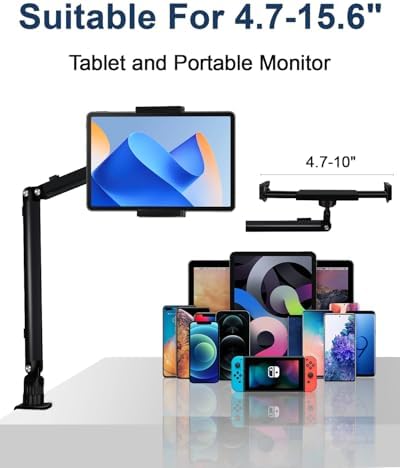Ergonomic Adjustable Tablet Desk Mount for i Pad – Aluminum Clamp Holder for 4.7-15.6″ Devices including i Phone, Kindle, and Nintendo Switch – Sturdy Arm Design for Optimal Viewing Angles and Reduced Neck Strain – Perfect for Home Office and Entertainment Use