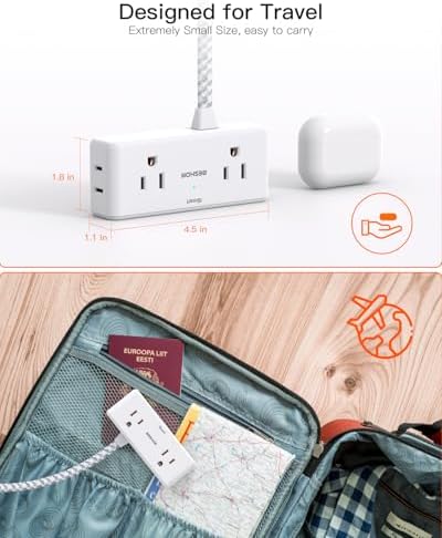 BESHON 10 ft Flat Plug Extension Cord with 4 Wide Outlets & 3 USB Ports (2 USB-C) – Versatile Power Strip for Home, Office & Dorm – Space-Saving Design with Surge Protection & Fast Charging Capabilities