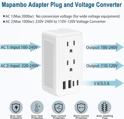 Power Converter 2000 W for Travel – Ultimate US to Europe Voltage Adapter with Dual USB-A & USB-C Fast Charging Ports, Sleek Design for Global Use in 150+ Countries, Essential for Modern Travelers on the Go