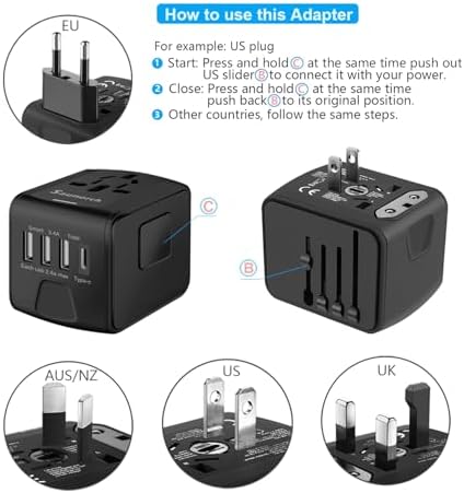 Advanced 7-in-1 Universal Travel Adapter with 35 W PD Fast Charging – Sleek Black & Silver Design for Worldwide Use, Featuring 4 USB-C and 2 USB-A Ports for Effortless Connectivity Across the US, UK, Europe, and Australia – Unmatched Compatibility and Speed for Every Adventure