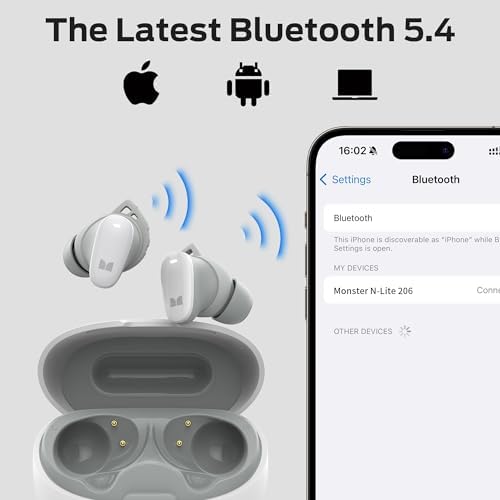 Monster N-Lite 206 Bluetooth Earbuds – Premium Wireless Audio with Advanced Bluetooth 5.4, Touch Control Convenience, IPX6 Waterproof Durability, 25 Hours Extended Playtime, Crystal-Clear Integrated Microphone, Ergonomic In-Ear Comfort, Fast Type-C Charging for Active Lifestyles and Daily Use
