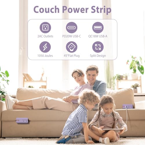 HEZI Couch Charging Station with 2 AC Outlets and 3 Fast USB Ports – 10 ft Flat Power Cord for Seamless Charging – ETL Listed Surge Protector for Furniture – Enhance Comfort and Stay Powered Up