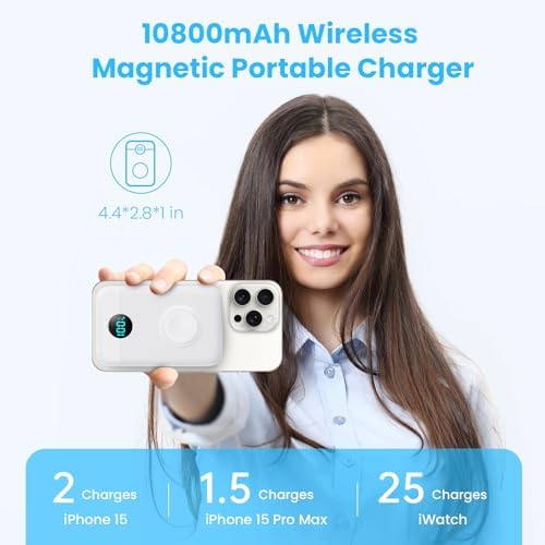 Revolutionary 4-in-1 Magnetic Portable Charger 10800 m Ah – Rapid USB-C Power Bank with LCD Display, Fast Charging for i Phone 16/15/14/13/12 & Apple Watch – Sleek White Design for Ultimate Compatibility and On-the-Go Convenience