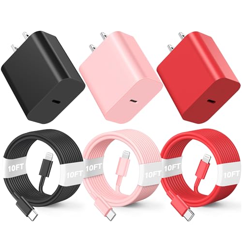 10 FT Lightning Cable Pack – 3 Durable MFi Certified Fast Charging Cords for i Phone 14/13/12/12 Pro Max/11/Xs Max/XR/X & Air Pods Pro – 20 W Quick Charge in Pink, Red, Black – Ultimate Flexibility & Style for Everyday Use