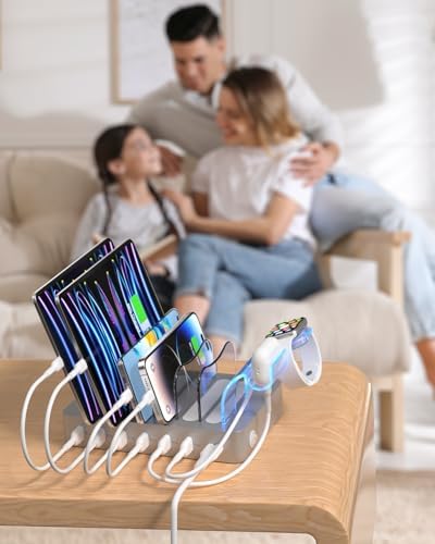 Soo Pii Elegant Pink 6-Port USB Charging Station Organizer – Fast Multi-Device Charging Hub with 6 High-Speed Cables and i-Watch Holder – Ultimate Solution for Neat Workspaces and Efficient Device Management